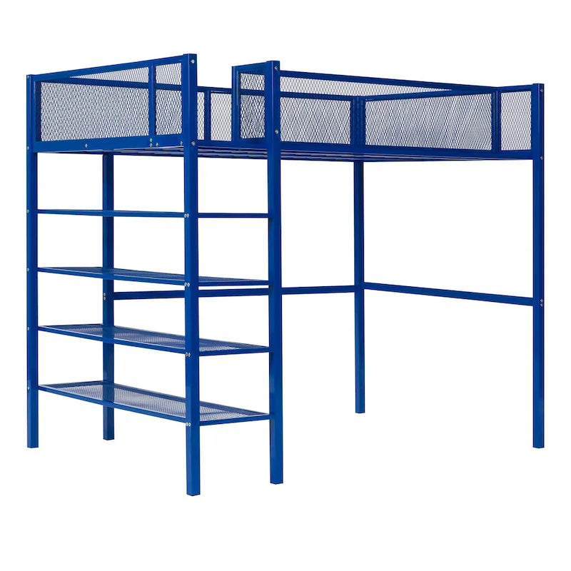 Metal Loft Bed with 4-Tier Shelves and Storage