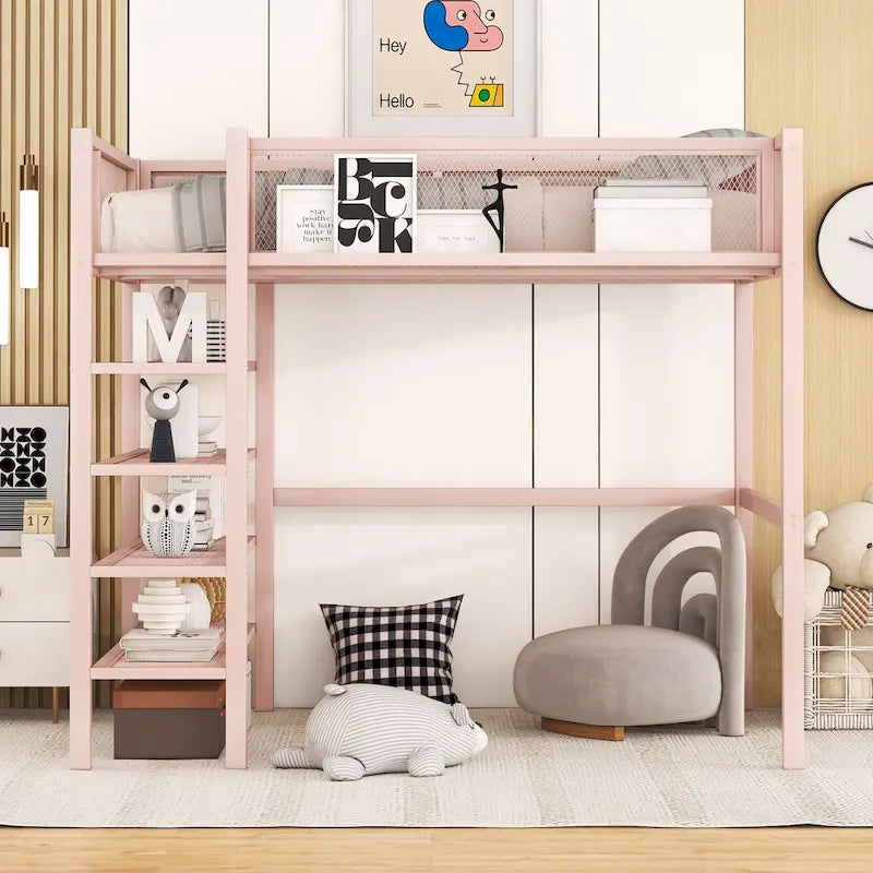 Metal Loft Bed with 4-Tier Shelves and Storage