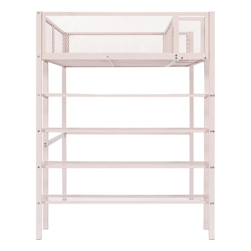 Metal Loft Bed with 4-Tier Shelves and Storage