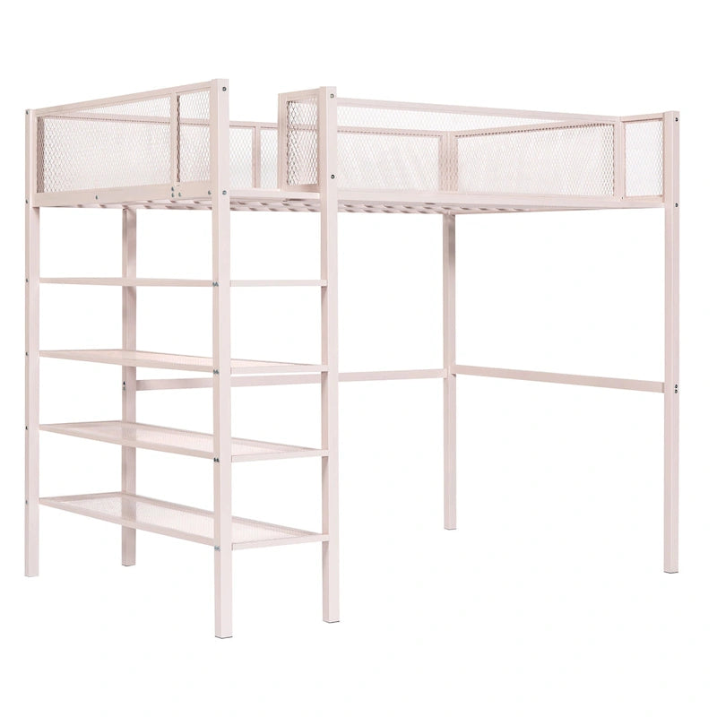 Metal Loft Bed with 4-Tier Shelves and Storage