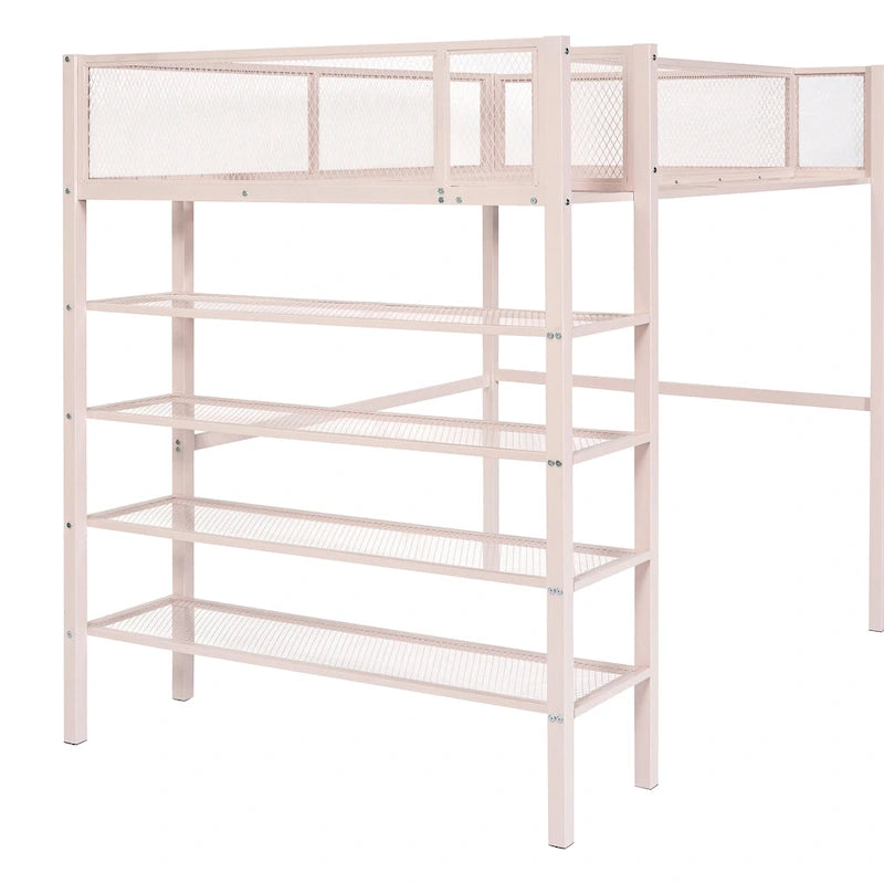 Metal Loft Bed with 4-Tier Shelves and Storage