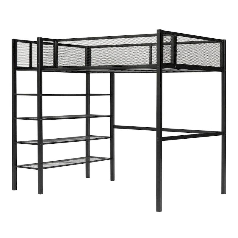 Metal Loft Bed with 4-Tier Shelves and Storage
