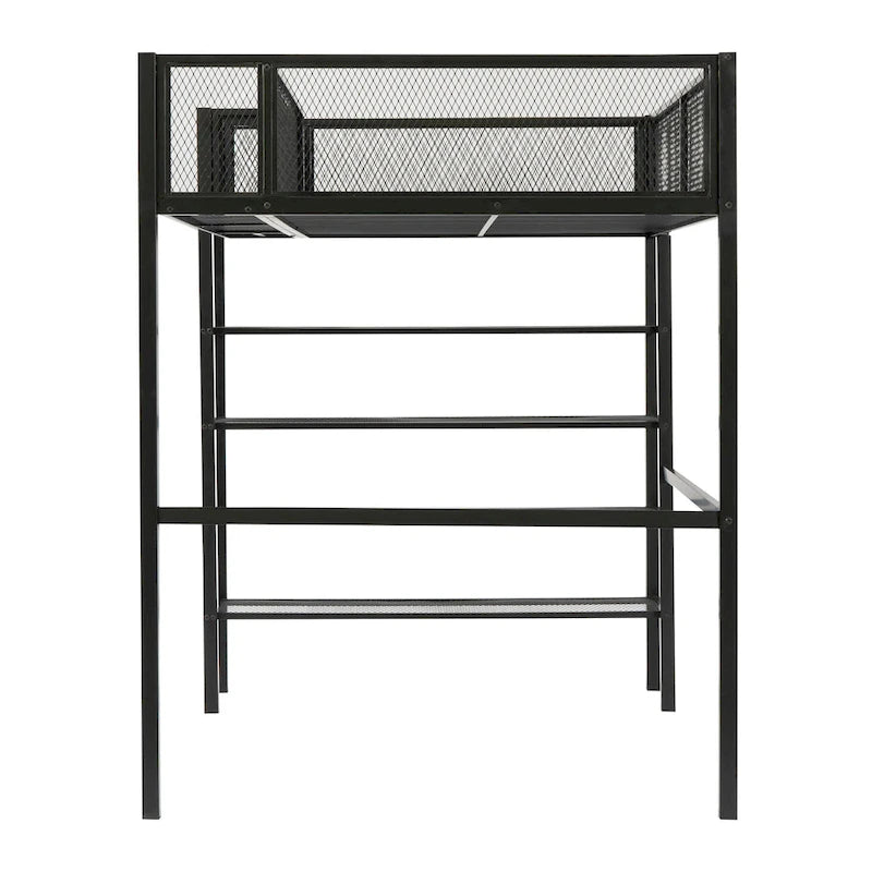 Metal Loft Bed with 4-Tier Shelves and Storage