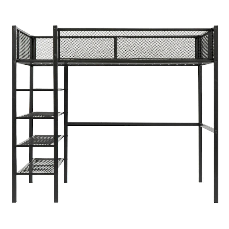 Metal Loft Bed with 4-Tier Shelves and Storage