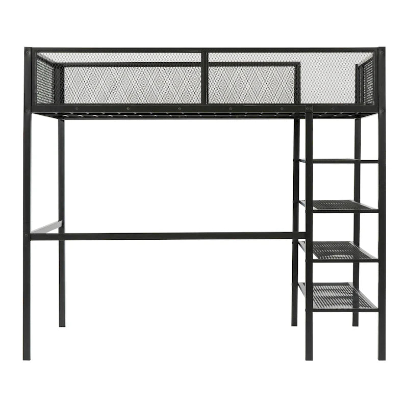 Metal Loft Bed with 4-Tier Shelves and Storage