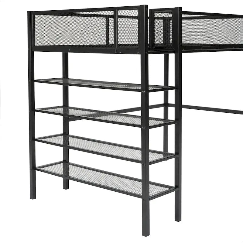 Metal Loft Bed with 4-Tier Shelves and Storage