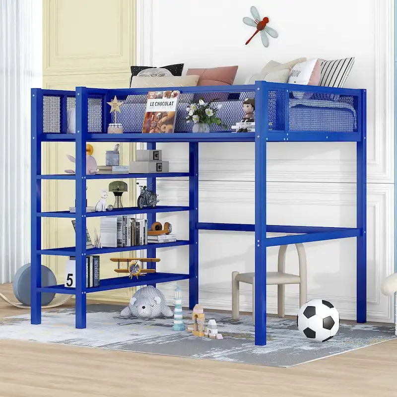 Metal Loft Bed with 4-Tier Shelves and Storage