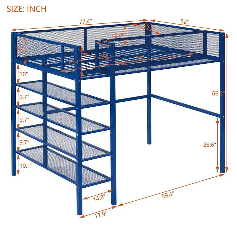 Metal Loft Bed with 4-Tier Shelves and Storage