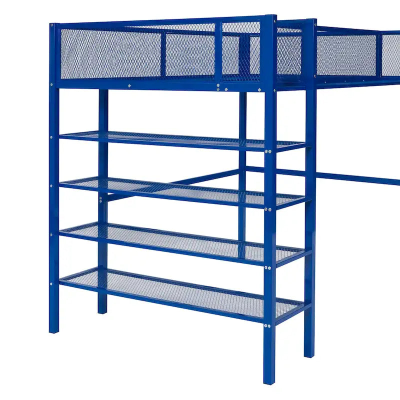 Metal Loft Bed with 4-Tier Shelves and Storage