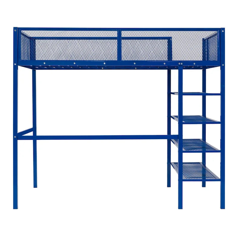 Metal Loft Bed with 4-Tier Shelves and Storage