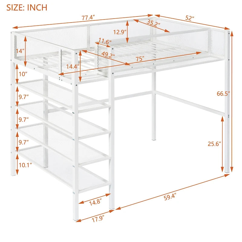 Metal Loft Bed with 4-Tier Shelves and Storage