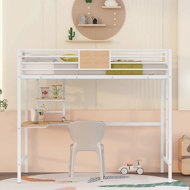 Twin Size Metal Loft Bed with Desk and Shelve