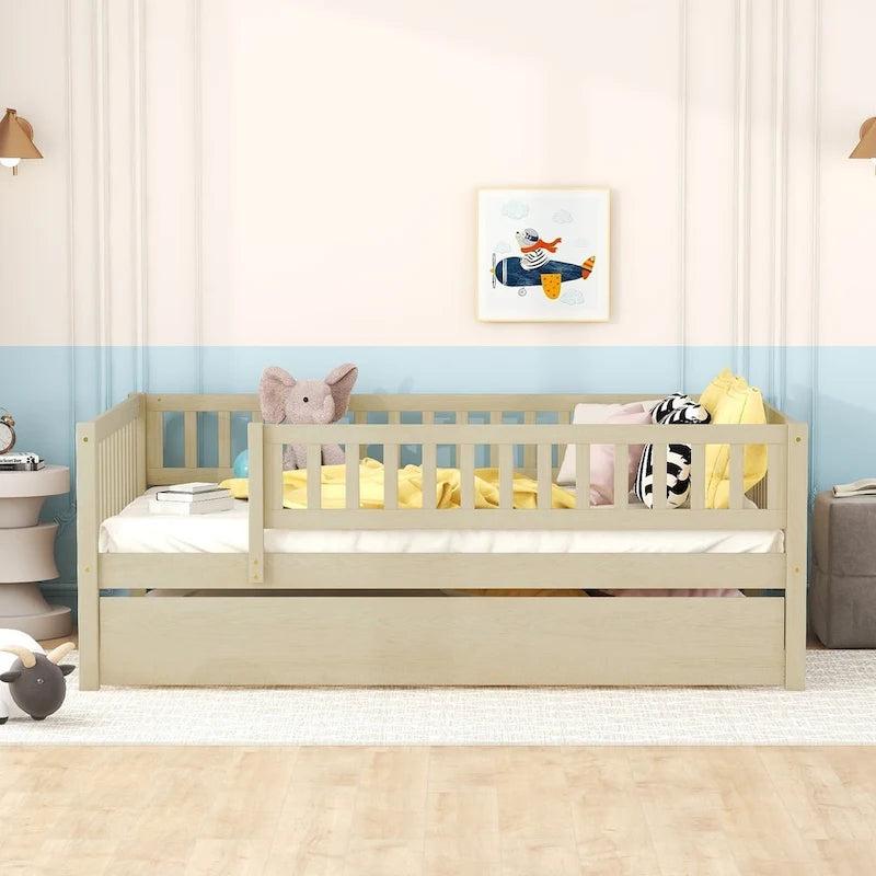 Full Size Wood Daybed with Trundle and Fence Guardrails
