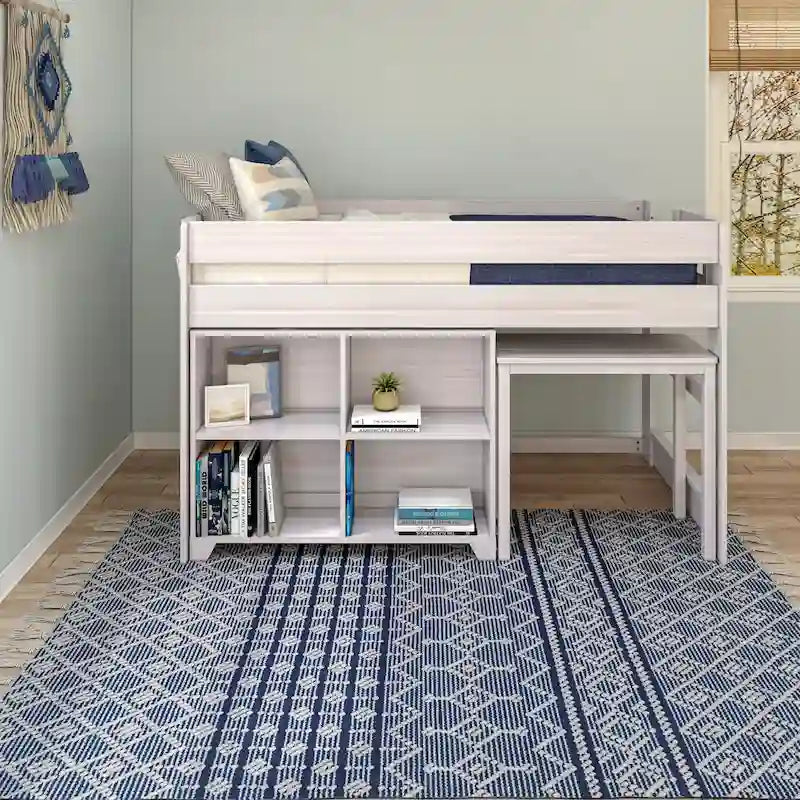 Farmhouse Twin-Size Low Loft Bed with 4-Shelf Bookcase and Desk