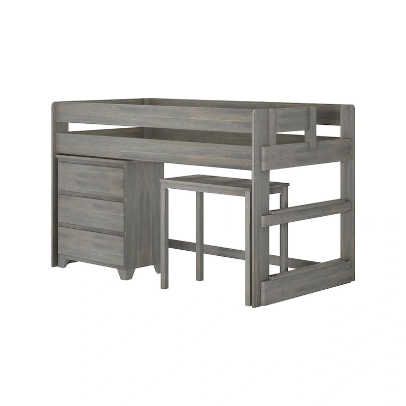 Farmhouse Twin-Size Low Loft Bed with 4-Shelf Bookcase and Desk