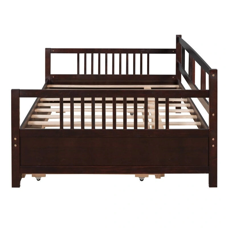 Full Daybed with Twin Size Trundle, Wood Full Size Bed Frame with Rails in Three Sides