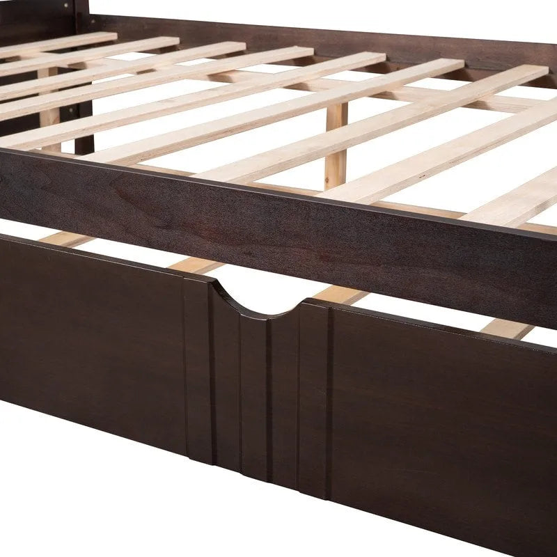 Full Daybed with Twin Size Trundle, Wood Full Size Bed Frame with Rails in Three Sides