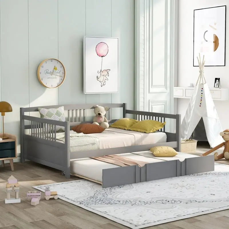 Full Daybed with Twin Size Trundle, Wood Full Size Bed Frame with Rails in Three Sides