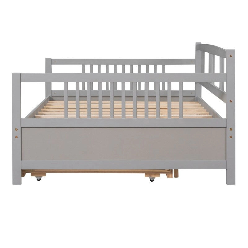 Full Daybed with Twin Size Trundle, Wood Full Size Bed Frame with Rails in Three Sides