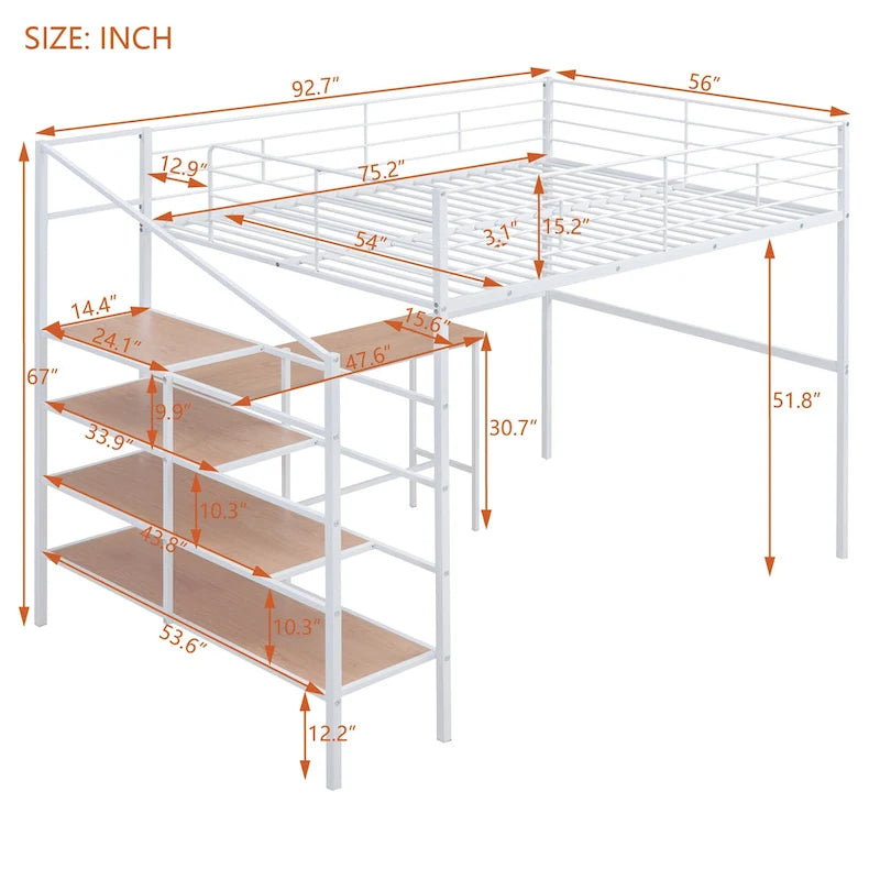 Full Size Metal Loft Bed with Desk and Lateral Storage Ladder, Black