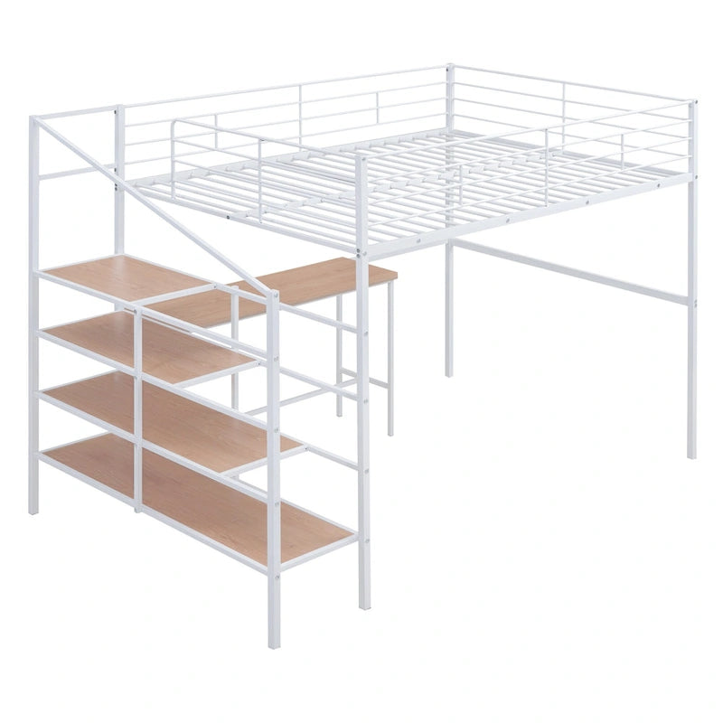 Full Size Metal Loft Bed with Desk and Lateral Storage Ladder, Black