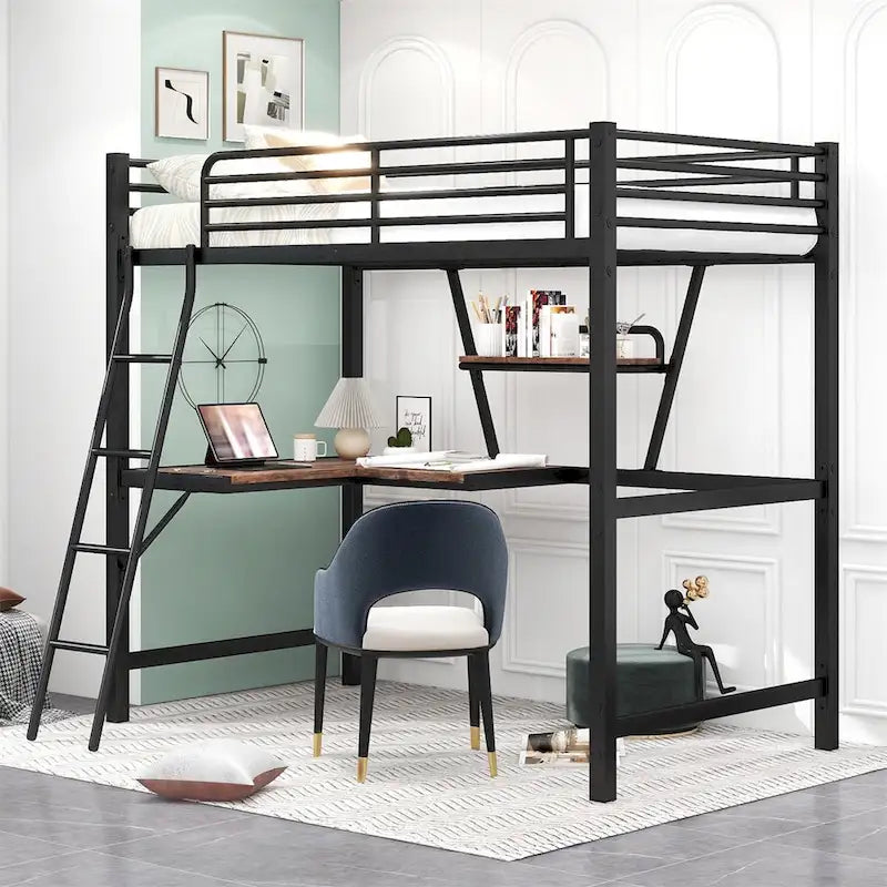 Merax Metal Loft Bed with L-shaped Desk and Shelf