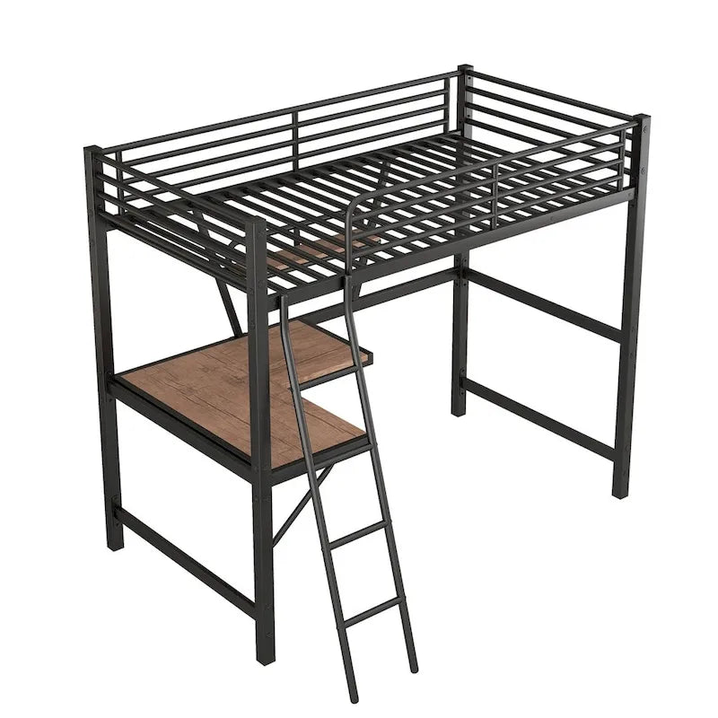 Metal Loft Bed with L-shaped Desk and Shelf