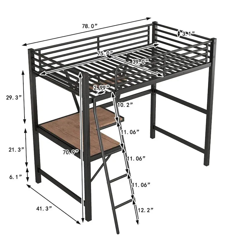 Metal Loft Bed with L-shaped Desk and Shelf