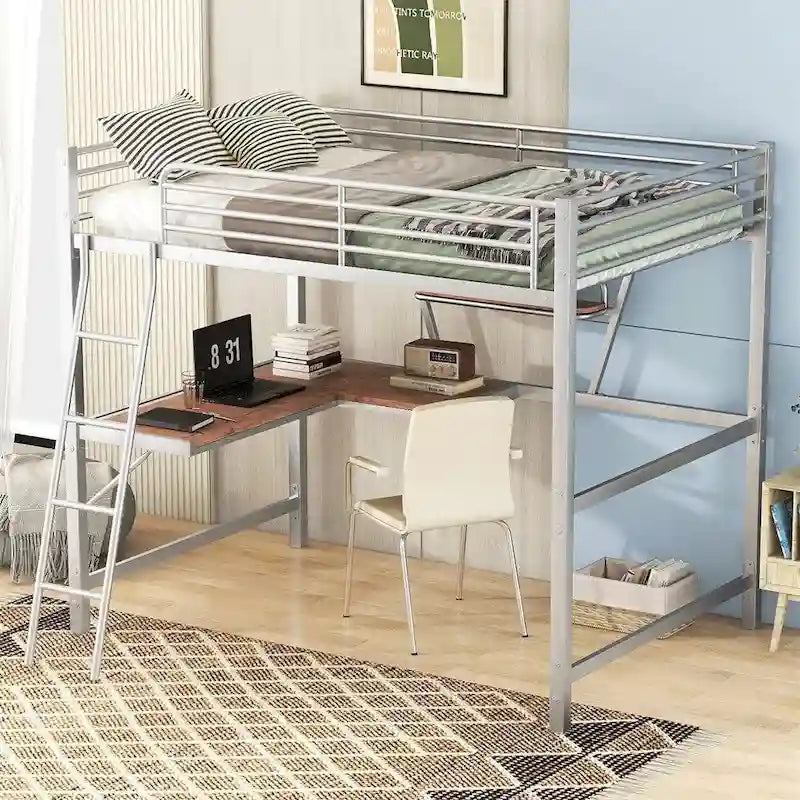 Metal Loft Bed with L-shaped Desk and Shelf