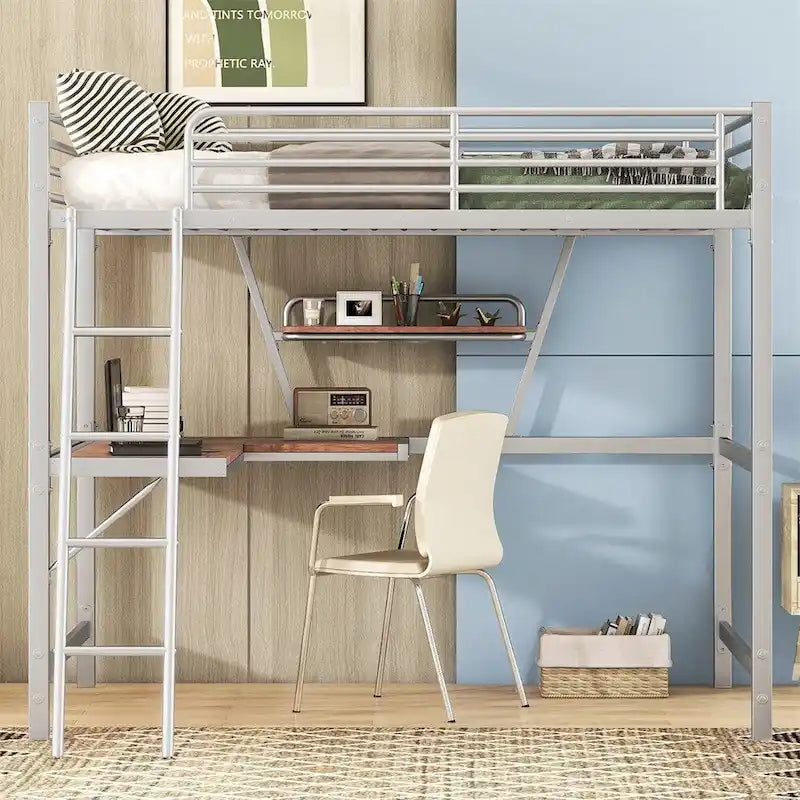 Metal Loft Bed with L-shaped Desk and Shelf