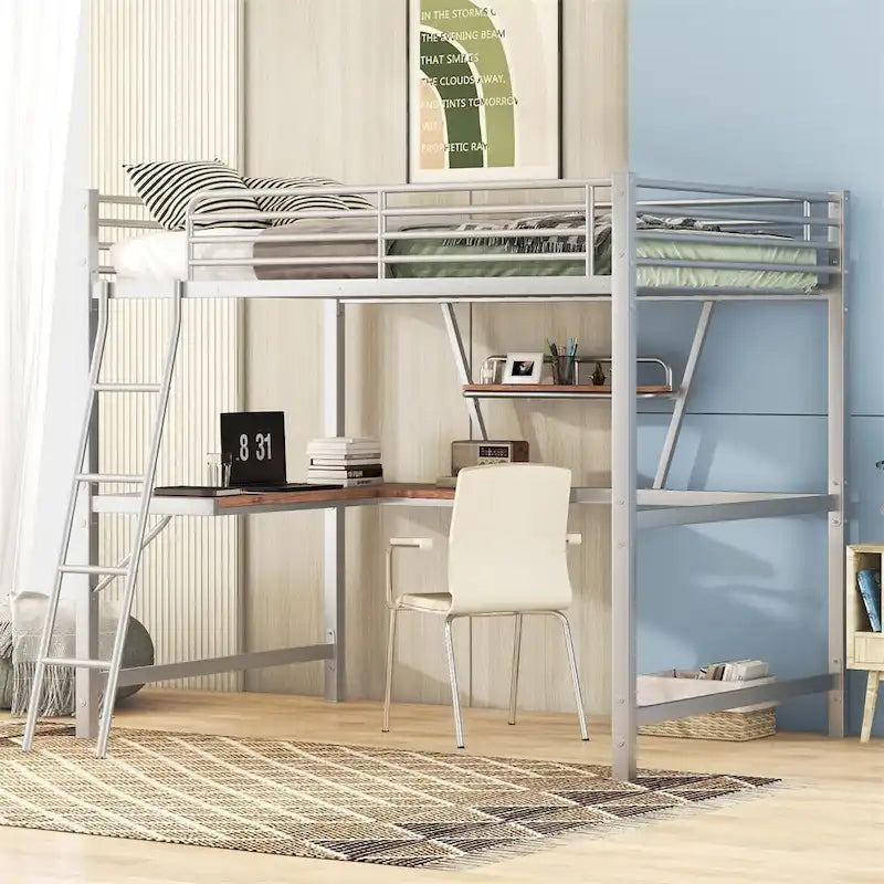 Metal Loft Bed with L-shaped Desk and Shelf