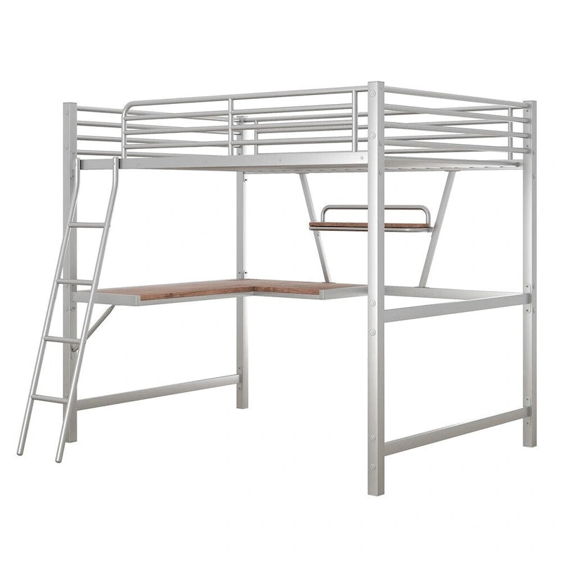 Metal Loft Bed with L-shaped Desk and Shelf