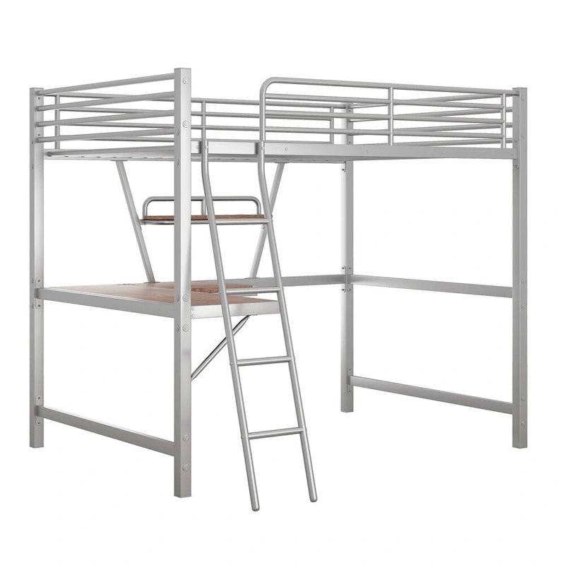 Metal Loft Bed with L-shaped Desk and Shelf