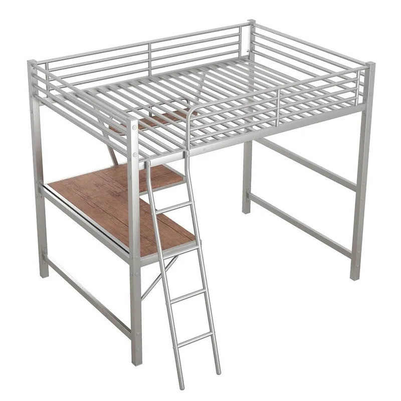 Metal Loft Bed with L-shaped Desk and Shelf