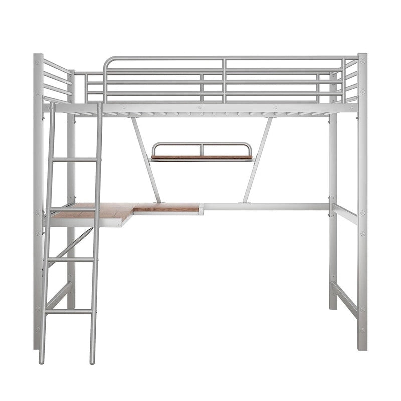 Metal Loft Bed with L-shaped Desk and Shelf