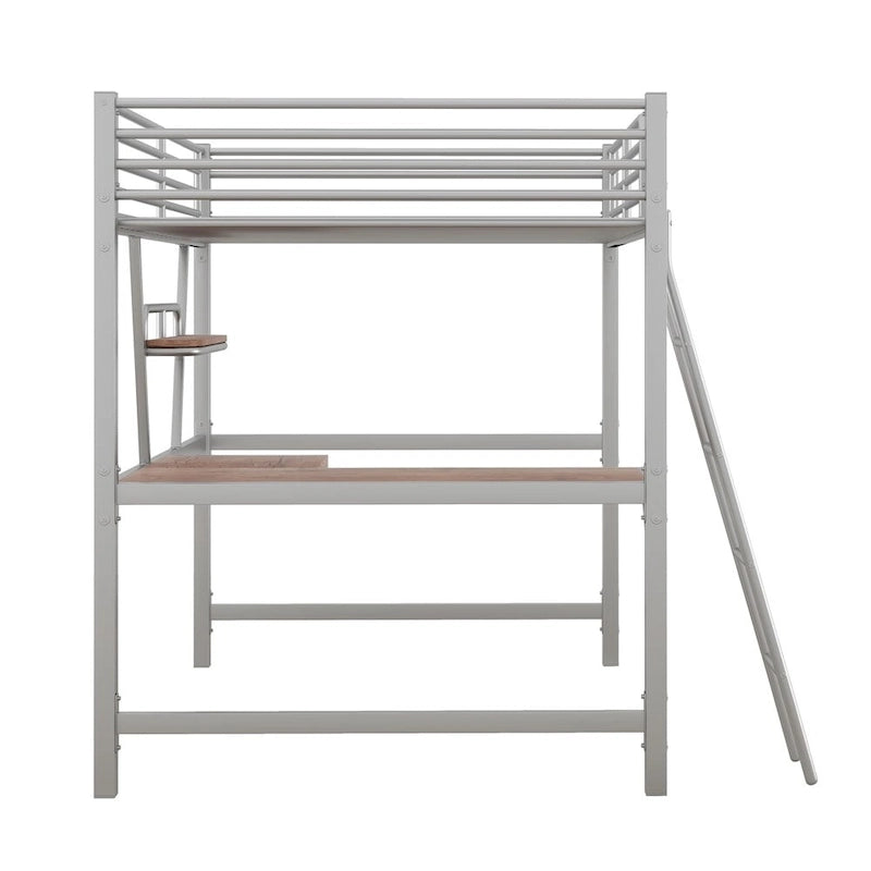 Metal Loft Bed with L-shaped Desk and Shelf
