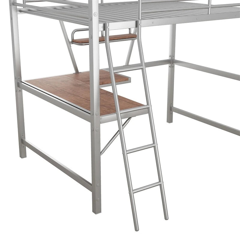 Metal Loft Bed with L-shaped Desk and Shelf