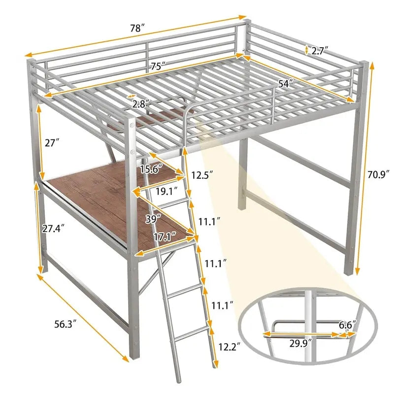 Metal Loft Bed with L-shaped Desk and Shelf