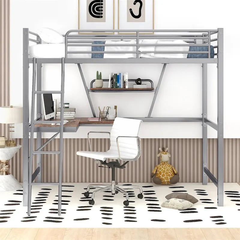 Metal Loft Bed with L-shaped Desk and Shelf
