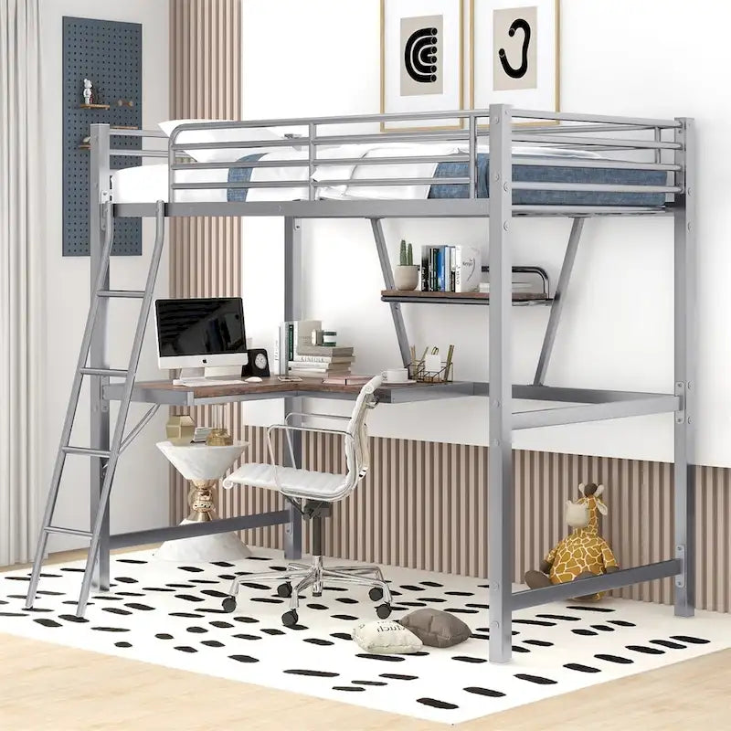 Metal Loft Bed with L-shaped Desk and Shelf