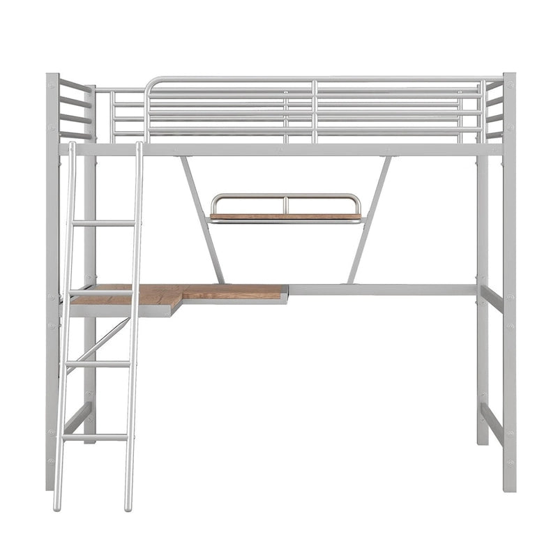 Metal Loft Bed with L-shaped Desk and Shelf