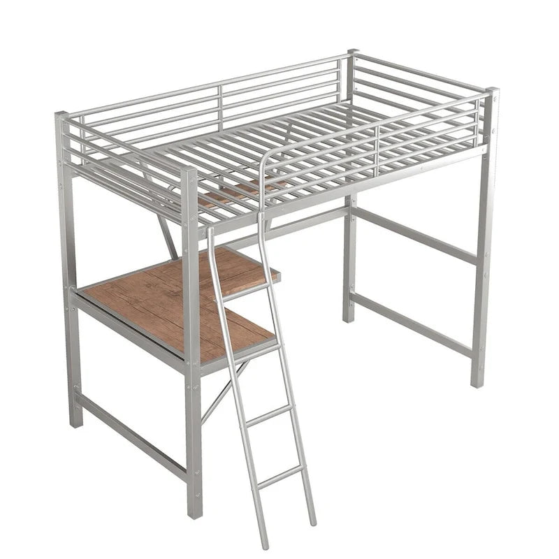 Metal Loft Bed with L-shaped Desk and Shelf