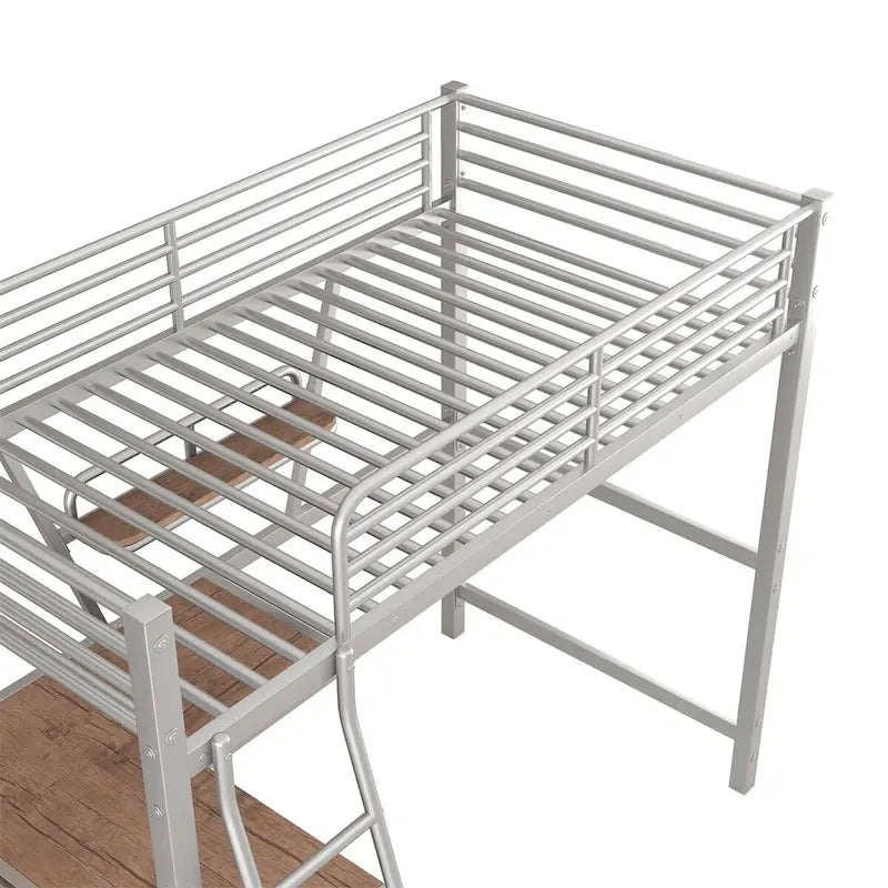 Metal Loft Bed with L-shaped Desk and Shelf