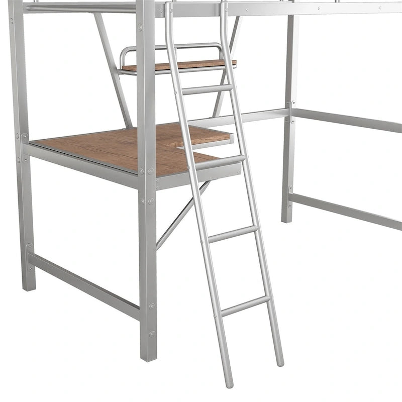Metal Loft Bed with L-shaped Desk and Shelf