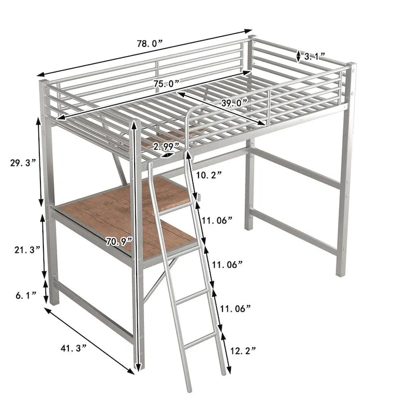 Metal Loft Bed with L-shaped Desk and Shelf