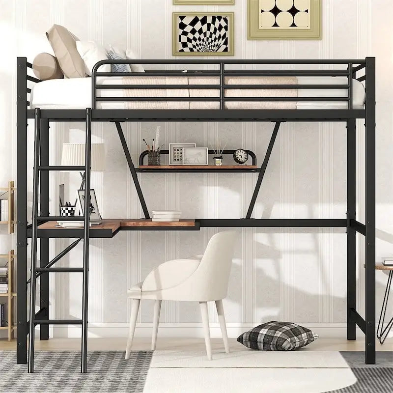 Metal Loft Bed with L-shaped Desk and Shelf
