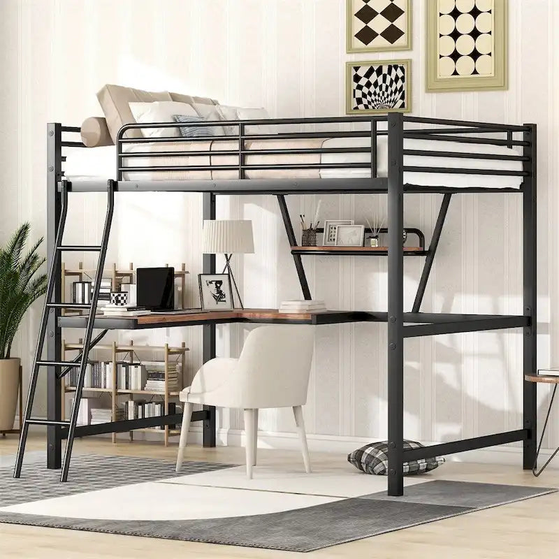 Metal Loft Bed with L-shaped Desk and Shelf