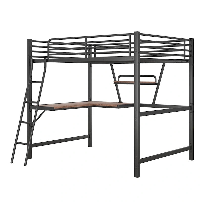 Metal Loft Bed with L-shaped Desk and Shelf