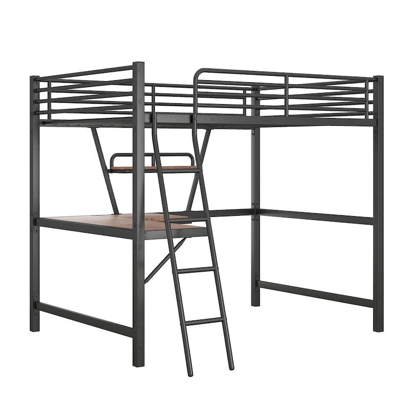 Metal Loft Bed with L-shaped Desk and Shelf