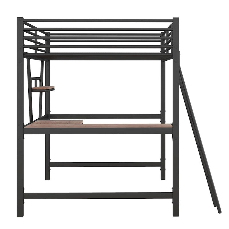 Metal Loft Bed with L-shaped Desk and Shelf